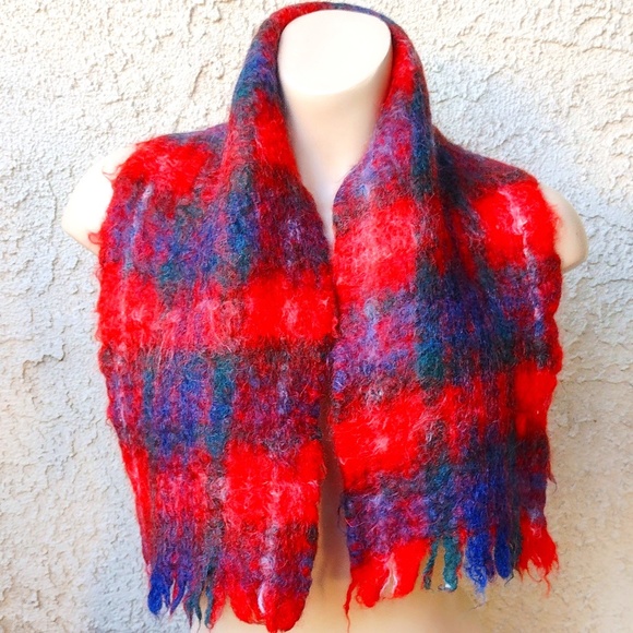 Vintage Small Red Plaid Scarf Wool / Mohair Blend / Made in Scotland - Picture 1 of 6